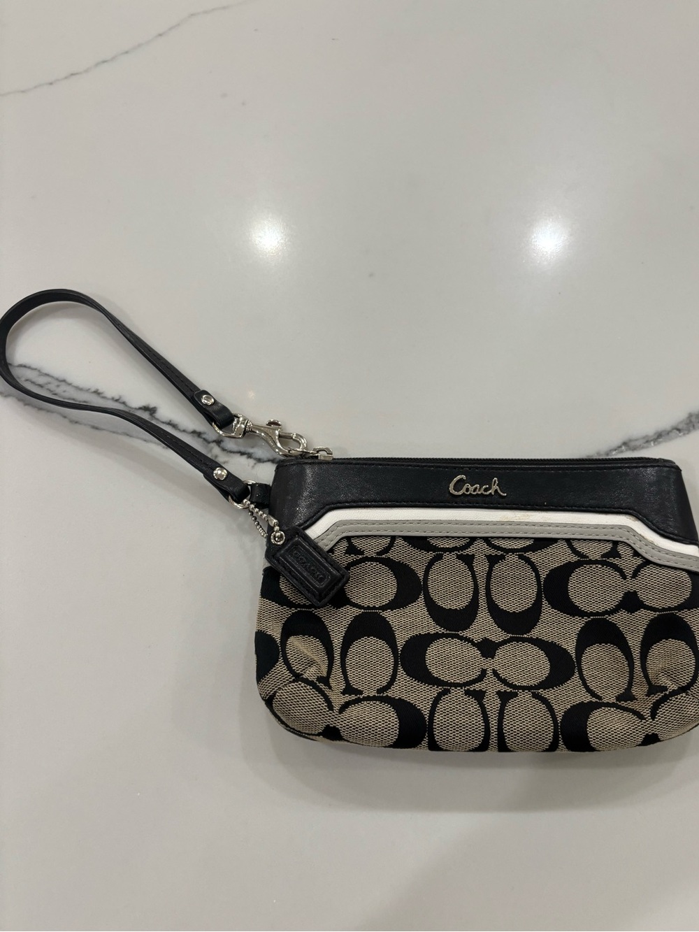 Coach Signature Canvas Wristlet in Black and Beige with White Trim